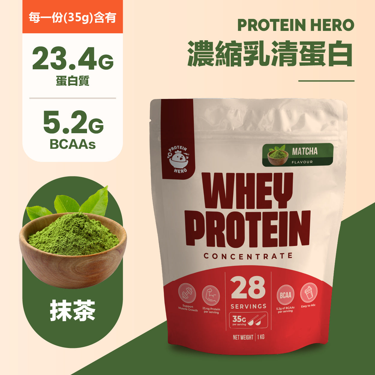 Protein Hero 濃縮乳清蛋白粉 抹茶味 1kg / 2.2lb Whey Protein Concentrate Matcha Flavour