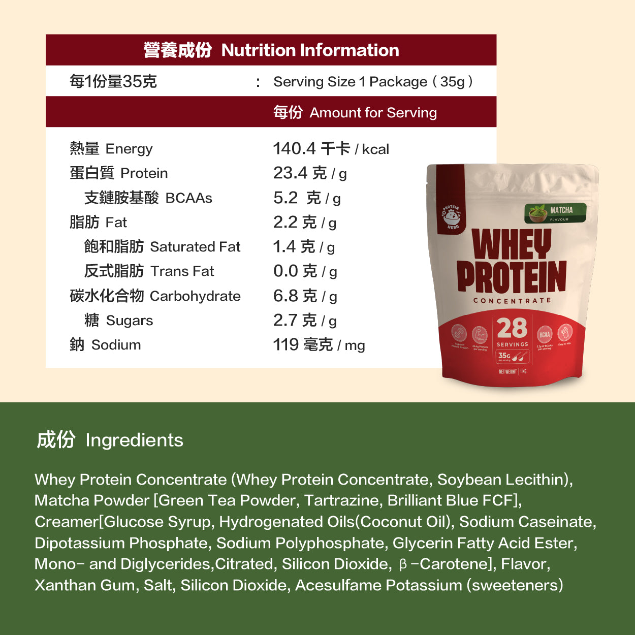 Protein Hero 濃縮乳清蛋白粉 抹茶味 1kg / 2.2lb Whey Protein Concentrate Matcha Flavour