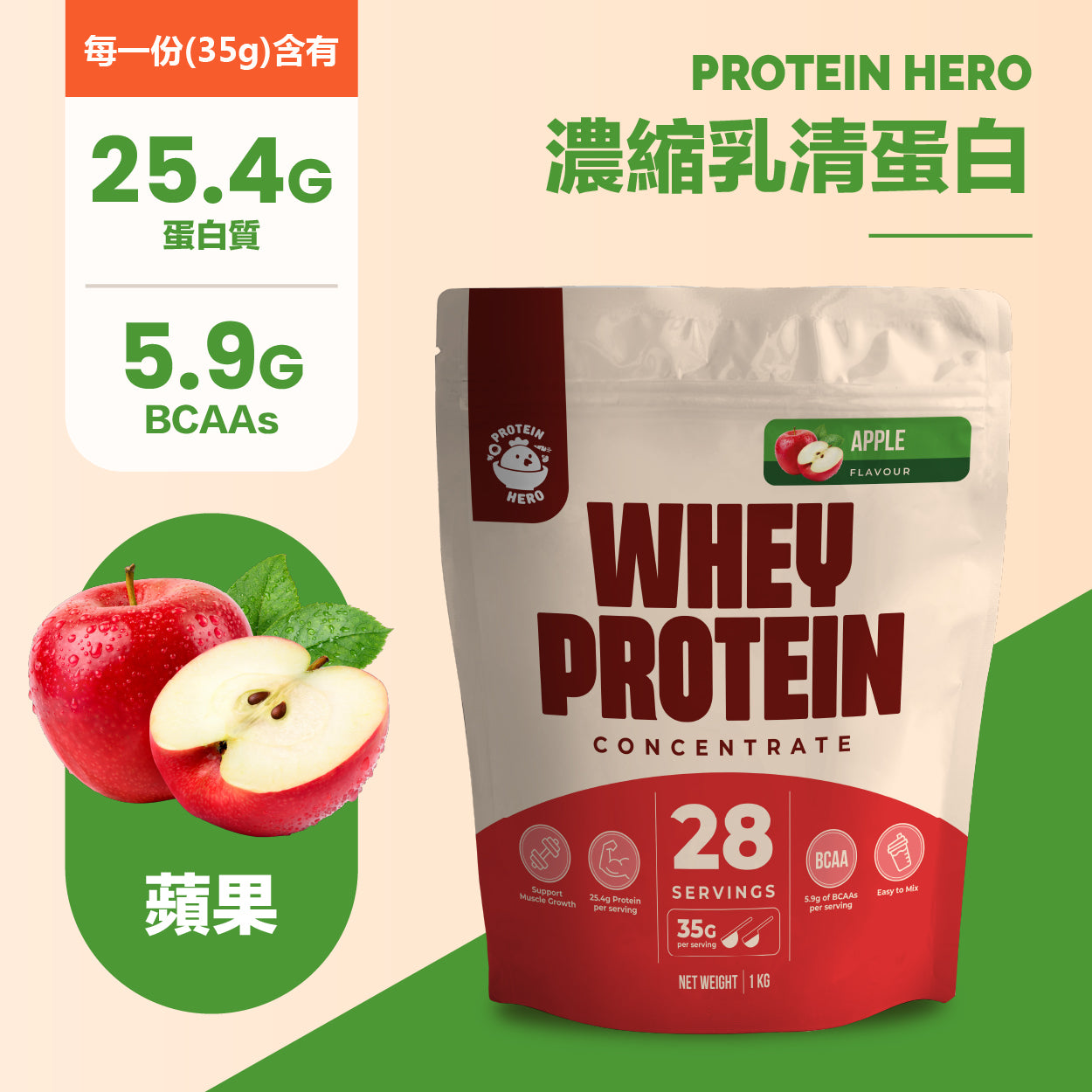 Protein Hero 濃縮乳清蛋白粉 蘋果味 1kg / 2.2lb Whey Protein Concentrate Apple Flavour