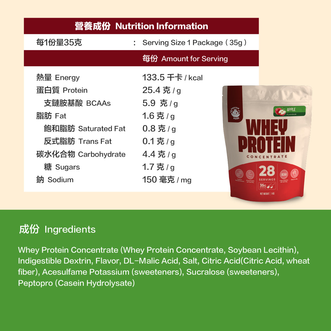 Protein Hero 濃縮乳清蛋白粉 蘋果味 1kg / 2.2lb Whey Protein Concentrate Apple Flavour