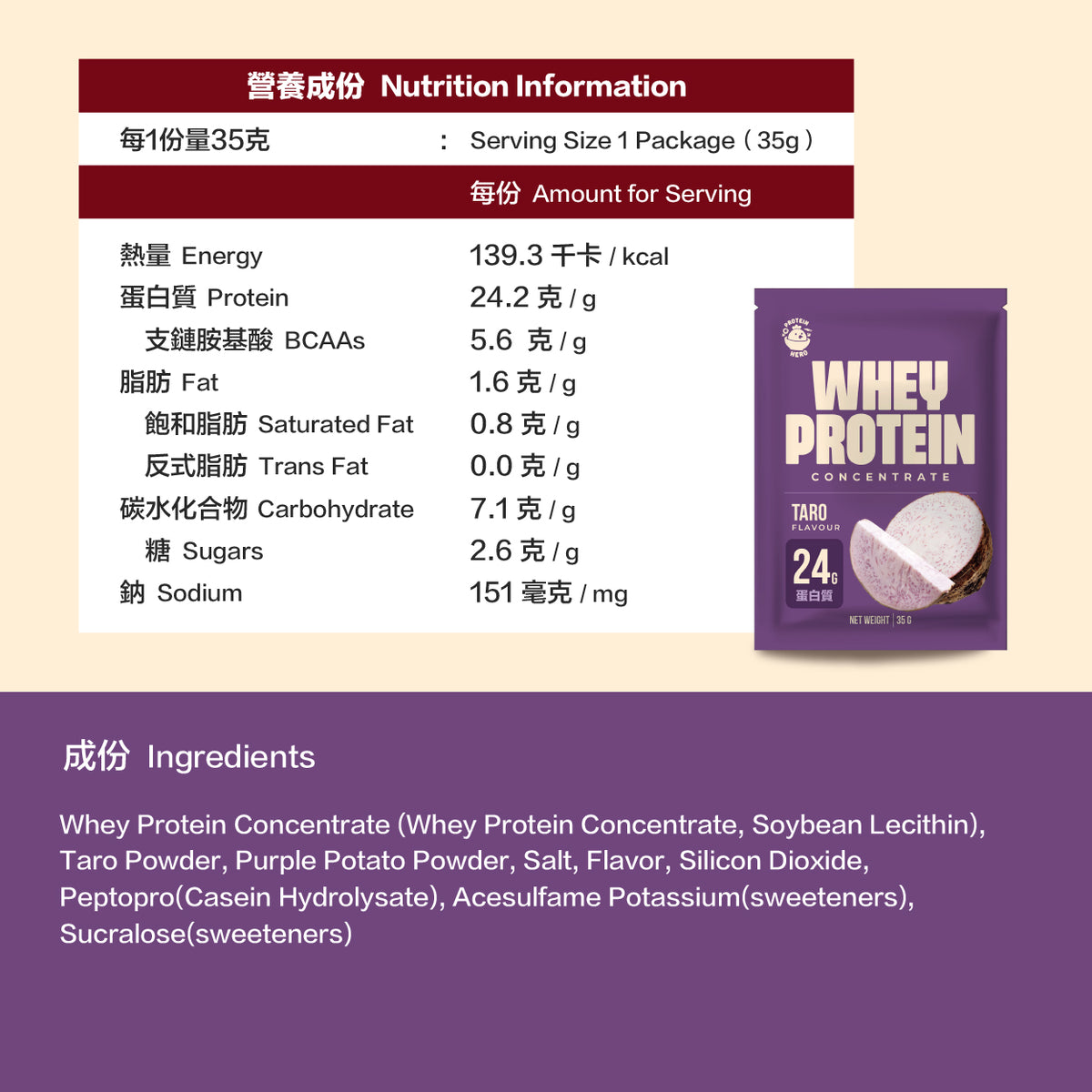 Protein Hero 濃縮乳清蛋白粉 香芋味 35g 30包 Whey Protein Concentrate Taro Flavour 35g 30 Pack