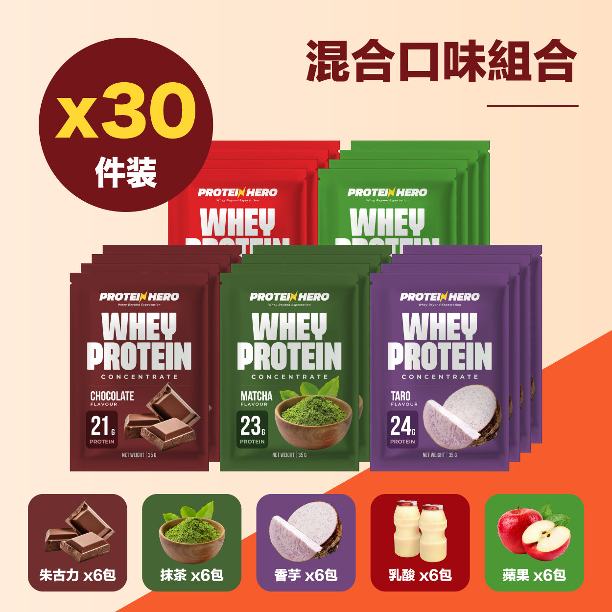 Protein Hero 濃縮乳清蛋白奶粉混合口味組合（30包裝35g）｜Protein Hero Mixed Flavour Whey Pack – 30 Sachets 35g